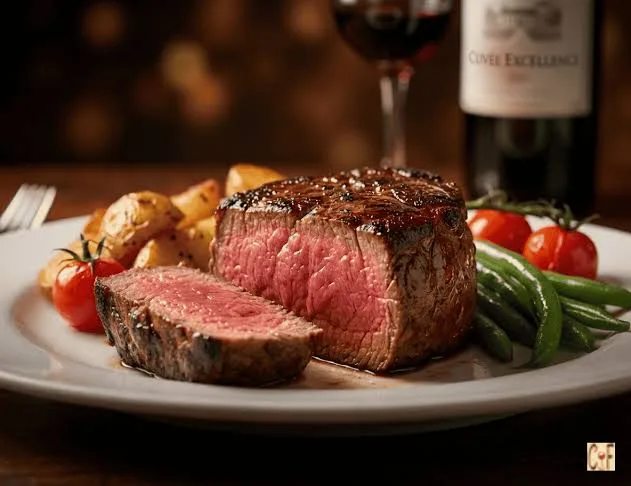 Filet mignon rôti, pommes de terre, haricots verts et tomates cerises